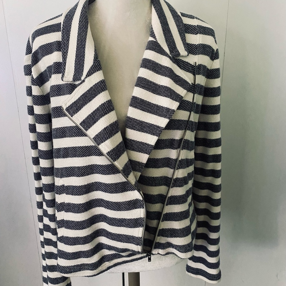 LOFT Navy and White Striped Knit Blazer with Lapel Collar